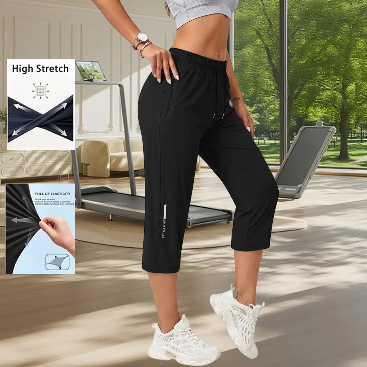 Women’s athletic capri pants with drawstring pockets, quick-dry fabric, cool and breathable—suitable for casual sports, running, yoga, and fitness; activewear.