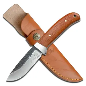 Elk Ridge Outdoors Fixed Blade Knife - 8-in Overall, 440 Stainless Steel Blade with Hammered Finish, Wood Handle, Leather Sheath - Hunting, Camping,