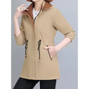 Women's Elegant Mid-Length Hooded Windbreaker Jacket - Two-Way Reversible Windproof Coat with Adjustable Drawstring Waist & Zipper Pockets, Solid Color Casual Outerwear for Spring/Fall, Autumn Hoodie, Drawstring Jacket, Structured Design Womenswear Tops