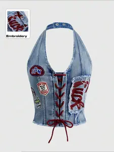 Women's Vintage Patch Drawstring Halter Neck Denim Waist Cincher Top, Sleeveless Slim Fit Y2K Street Style Pullover