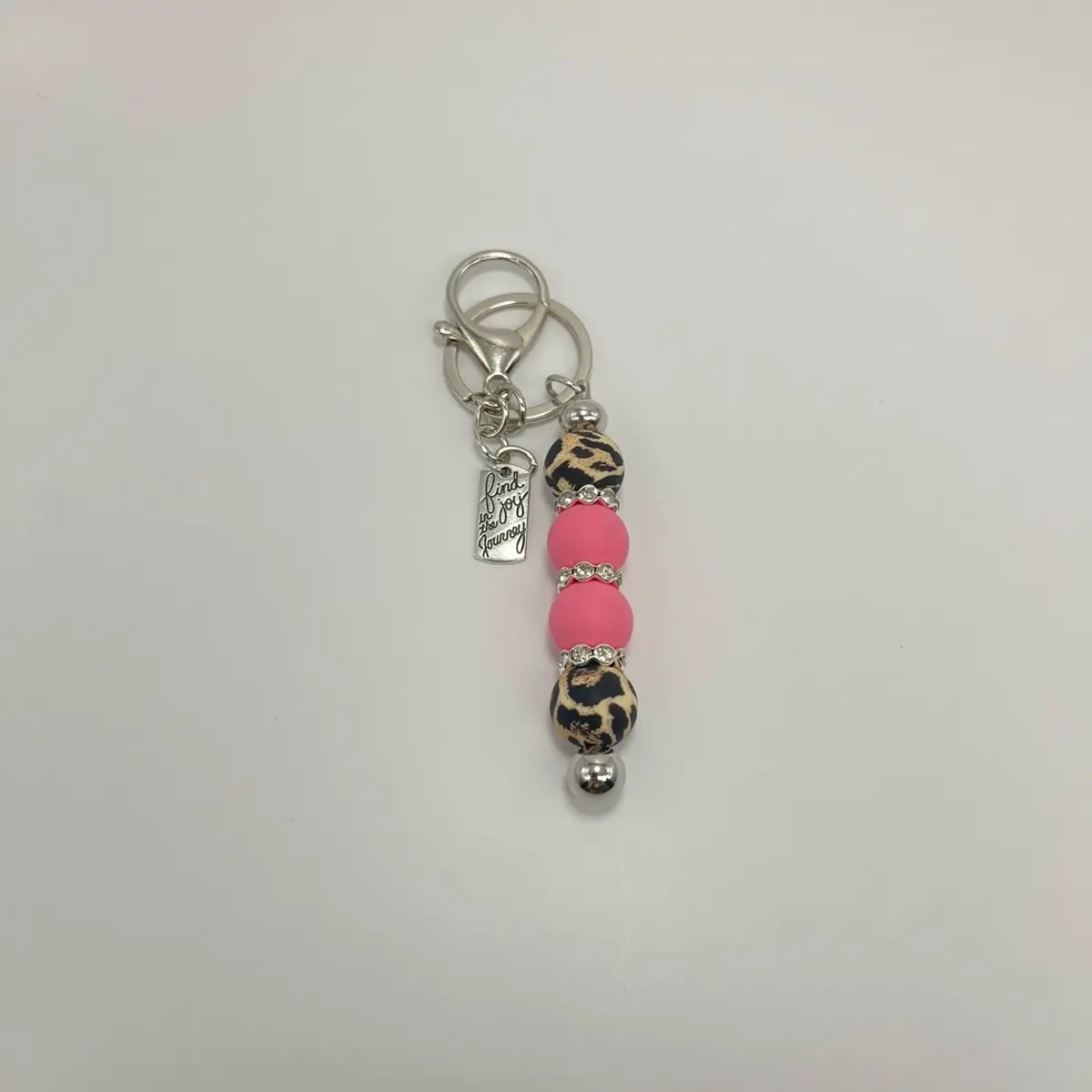 Cute Pink and Leopard Print Style Beaded Keychain with Keyring Attachment