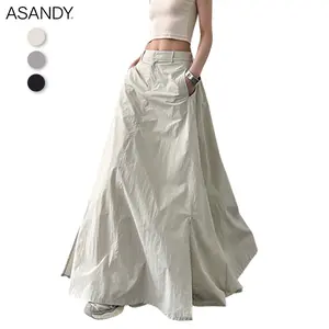 ASANDY Black Flowy Maxi Skirt High Waist A-Line Midi Skirt with Pockets Elegant Casual Party Wear Hide Hips & Long Legs Effect HZR525