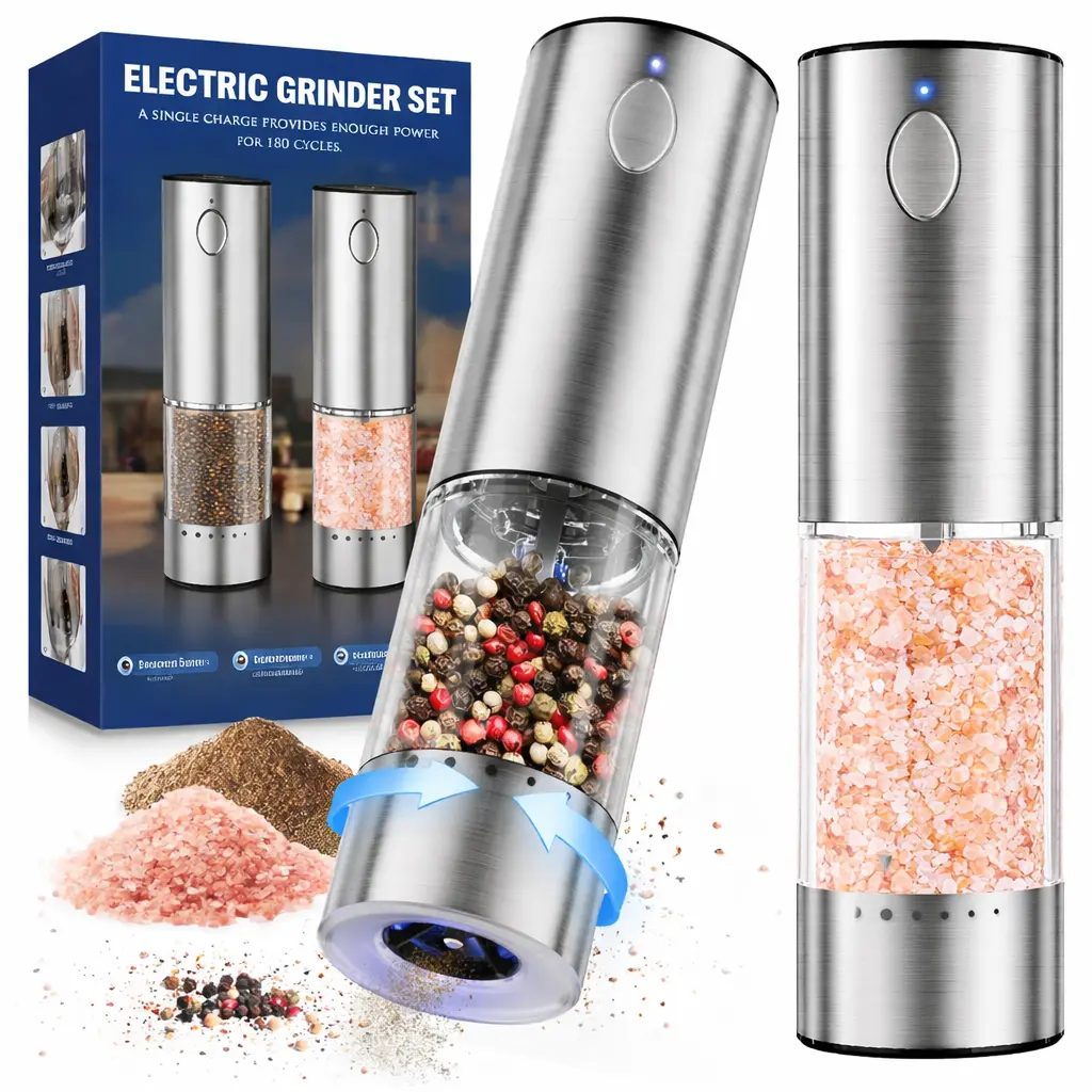 HomeHacks Upgraded Larger Capacity Electric Salt and Pepper Grinder Set, Rechargeable Type-C with LED Light, Stainless Steel Automatic & 6 Adjustable Coarseness, Ideal as FathersDayGift