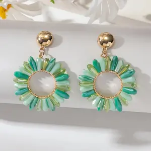 [1 Pair Boho Chic Sunflower Earrings] 1 Pair Boho-Chic Handcrafted Beaded Sunflower Hoop Earrings - Sweet Pink Geometric Circles, Stainless Steel Posts, Ideal for Daily Wear & Vacation Accessory for Women, Quirky Earrings