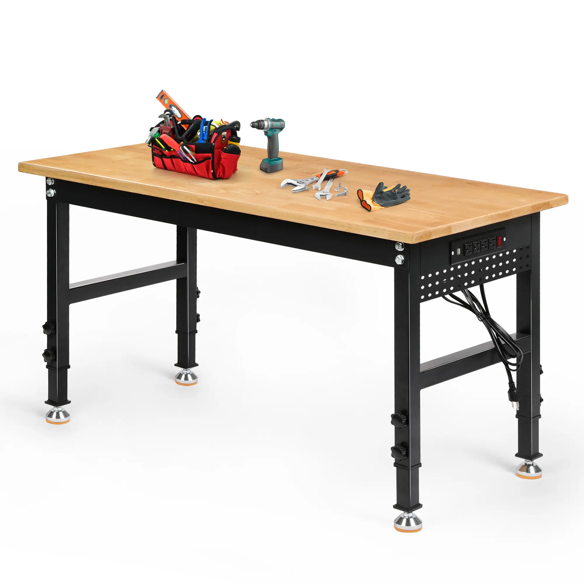 Topwin 70" Industrial Adjustable Rubber Wood Workbench - 2000 lbs Heavy-Duty Furniture with ETL Certified Power Strip (2 USB Ports, 6.5 ft Long Wire), Pegboard, Extra Support Rod, 25.5"-39.5" Height, Assembly Required for Garage, Office