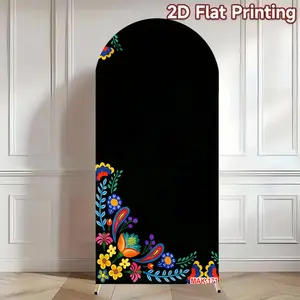 Black Background Colorful Folk Art Floral Arch Backdrop Cover for Day of the Dead Fiesta Party Decorations Background Party Decoration Supplies