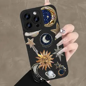 Patchwork Starry Moon Universe Design Phone Case for iPhone 17 Pro Max 16 Plus 15 14 13 12 Pro, Fashion Creative Leather Craft Anti-Drop Phone Cover