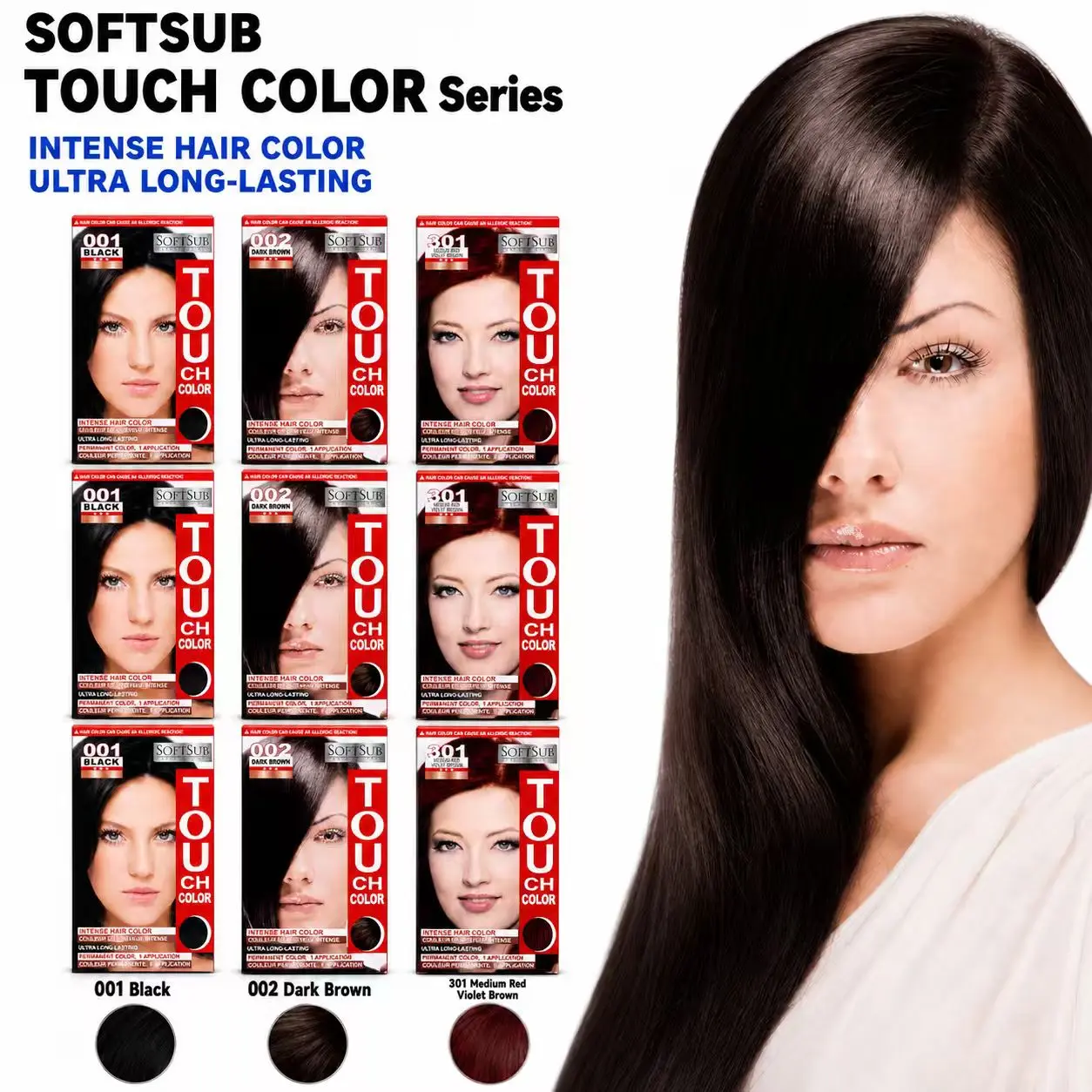 SOFTSUB TOUCH COLOR Hair Dye Kit Set (3-Box Pack) - Haircare, Beauty Products, Cosmetic with Multiple Colors, Brush