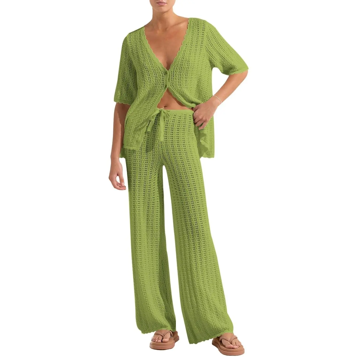 Lannew Women's Summer 2 Piece Swimsuit Cover up Crochet Knit Cardigan Tops Long Pants Set Bathing Suit Beach Outfit