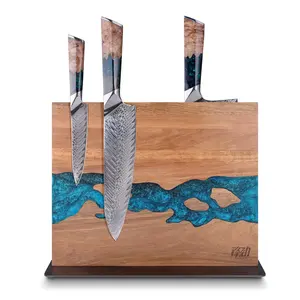 FINDKING Magnetic Knife Block, Double-Sided Holder, Strong Magnet Kitchen Organizer, Acacia Wood & Blue Resin Stand, Space-Saving Knife Storage Rack (12x10 Inches, Knives Not Included)