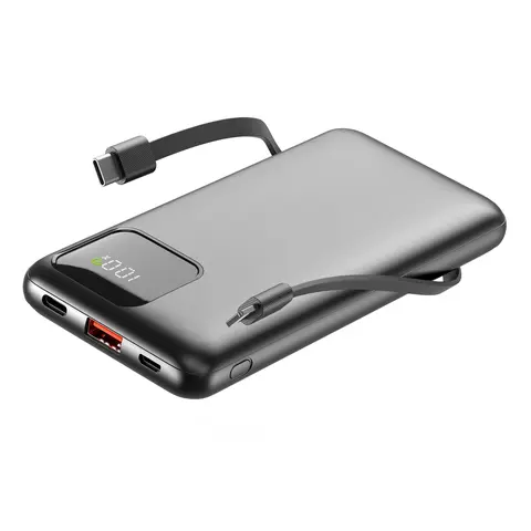 10000mAh Slim Chargeable Power Bank - Built-in Cables, 22.5W Fast Charging, 4 Outputs, Digital LED Power Readout, USB Portable Backup Battery for iOS & Android Smartphones, Travel Battery Pack