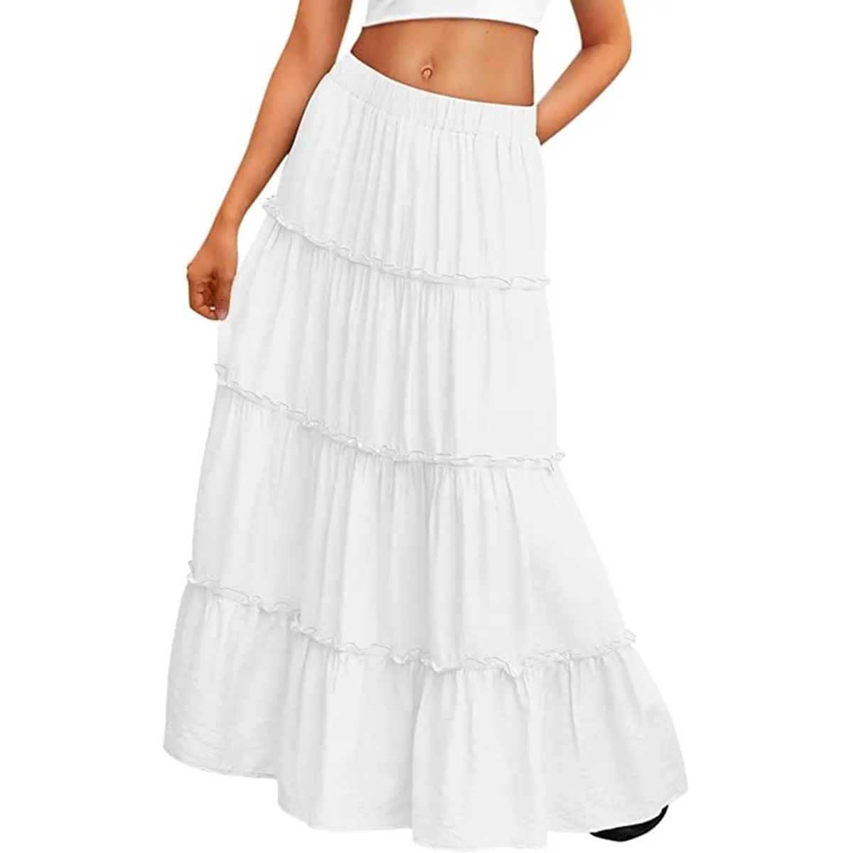 HYZ Women's Vacation Outfits Long Skirts Boho Flowy Maxi Skirt A-Line Ruffle Hem Elastic High Waist Dress