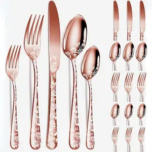 Flower Print Stainless Steel Cutlery Set, 20pcs/set Including Fork & Knife & Spoon, Tableware Set for Home Kitchen Dining Room, Kitchen Accessories, Kitchen Supplies, Dinnerware Service Set, Dinnerware Sets