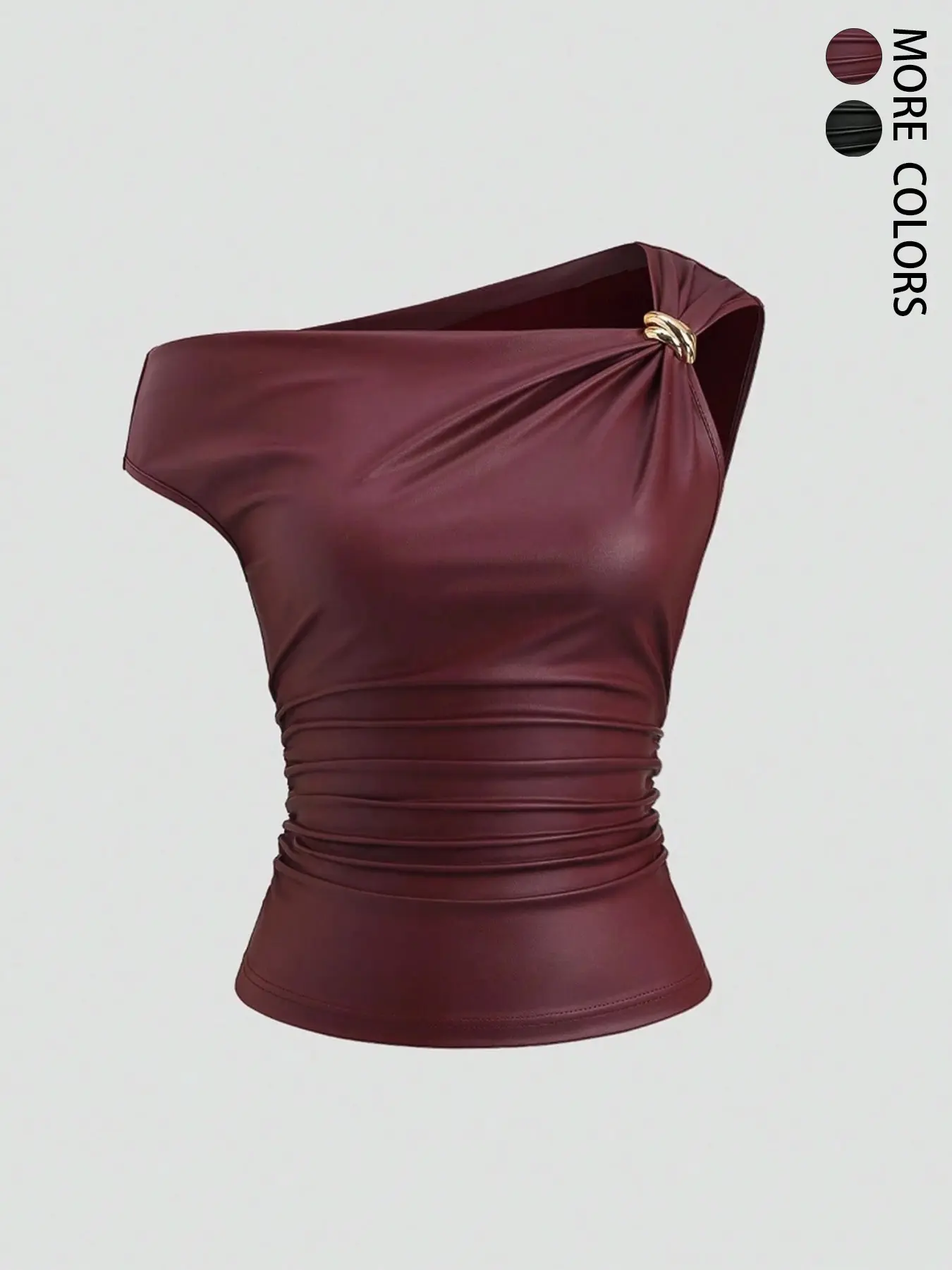 Women's Leather Metal Decor Casual Fashion Top，Irregular Collar PU Top with Metal Decoration, Stylish Casual Blouse for Daily Wear, Fashionable Women's Clothing