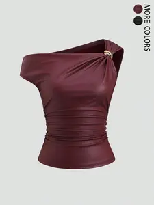 Women's Leather Metal Decor Casual Fashion Top，Irregular Collar PU Top with Metal Decoration, Stylish Casual Blouse for Daily Wear, Fashionable Women's Clothing