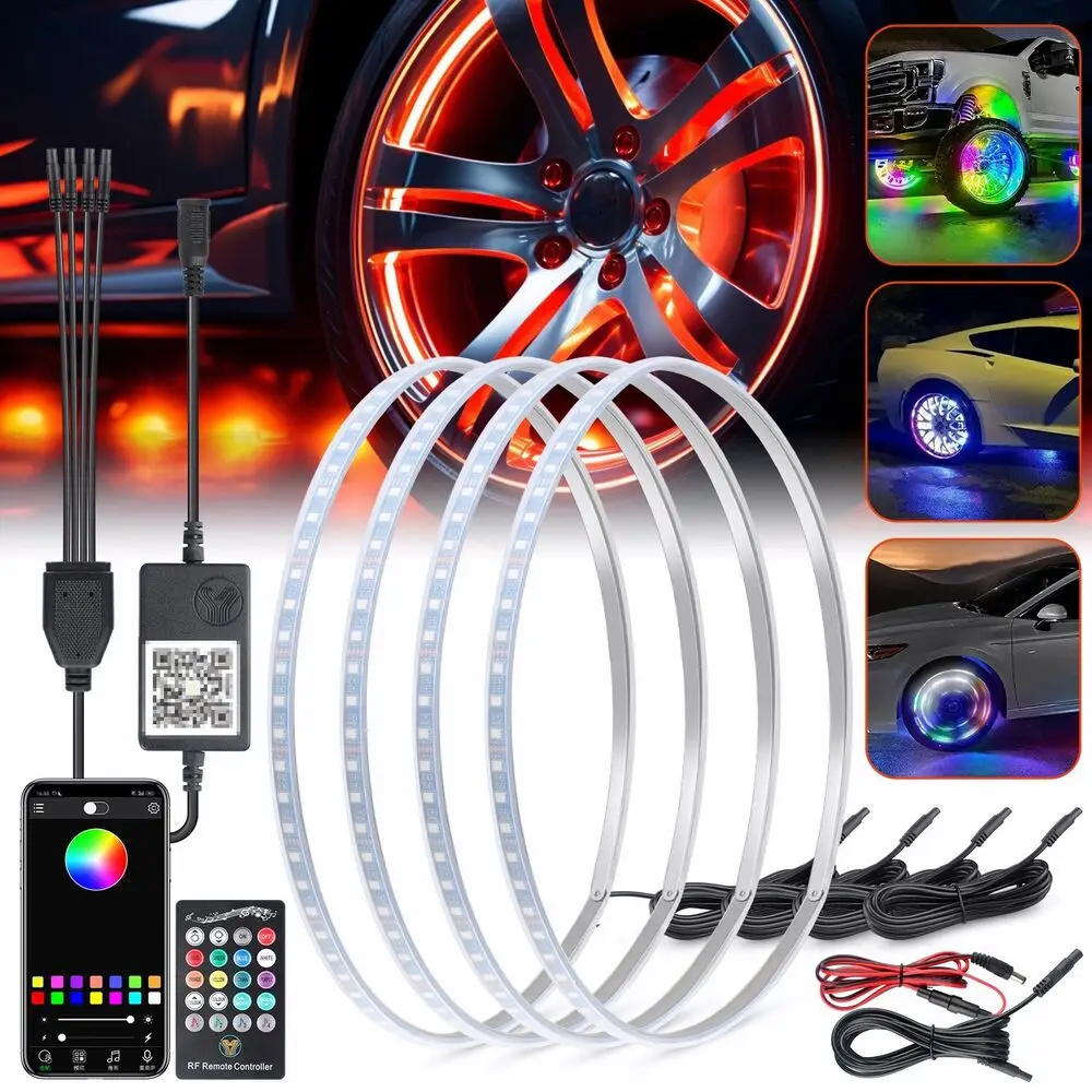 Pack of 4 15'' RGB Wheel Ring Lights LED Light for Truck Car Rim Lights APP Bluetooth & Remote Control Waterproof Shockproof 16 Million Colors 23 Mode