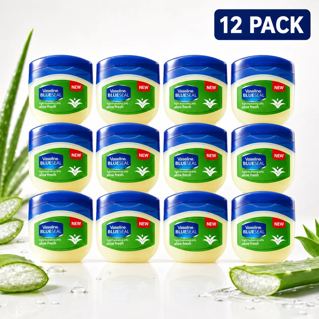 Vaseline Blue Seal Aloe Fresh Petroleum Jelly Bulk Pack (12 Count, 50mL/1.7oz) - Light Gel Formula with Aloe Vera, Lid, Hydrate, Moisturizing, Sensitive Safe, All Skin Types, Compact, Daily Beauty & Personal Care Body Moisturizer, Fresh Aloe
