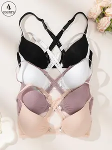 Women's Solid Color Buckle Back Underwire Bra, Casual Comfortable Breathable Deep V Neck Bra, Lingerie for Daily Wear, Criss Cross Bra