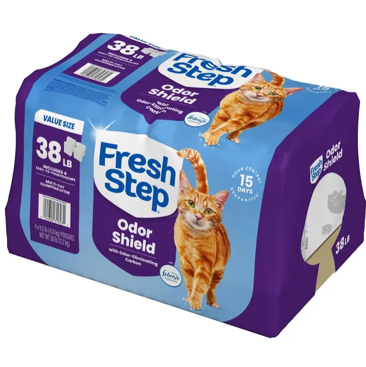 Fresh Step Odor Shield Multi-Cat Clumping Cat Litter, Febreze Freshness Scent, 38 lb, Easy Pour Pouches (4 Pack)