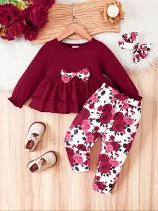 Cute Girls' Short Casual Dress Set + Printed Pants + Hairband, Perfect for Kids, Stylish and Comfortable Clothing