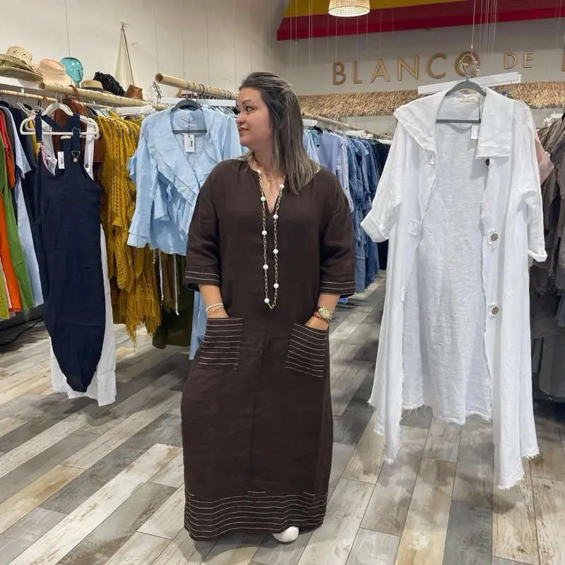 One Size Milena 100 Percent Linen Dress Fits Extra Small To Large V Neck Relaxed Fit With Decorative Stitch Detail On Pockets Hem And Sleeves Lightweight Breathable Summer Dress