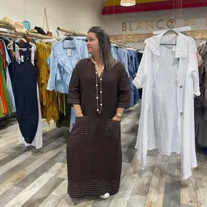 One Size Milena 100 Percent Linen Dress Fits Extra Small To Large V Neck Relaxed Fit With Decorative Stitch Detail On Pockets Hem And Sleeves Lightweight Breathable Summer Dress
