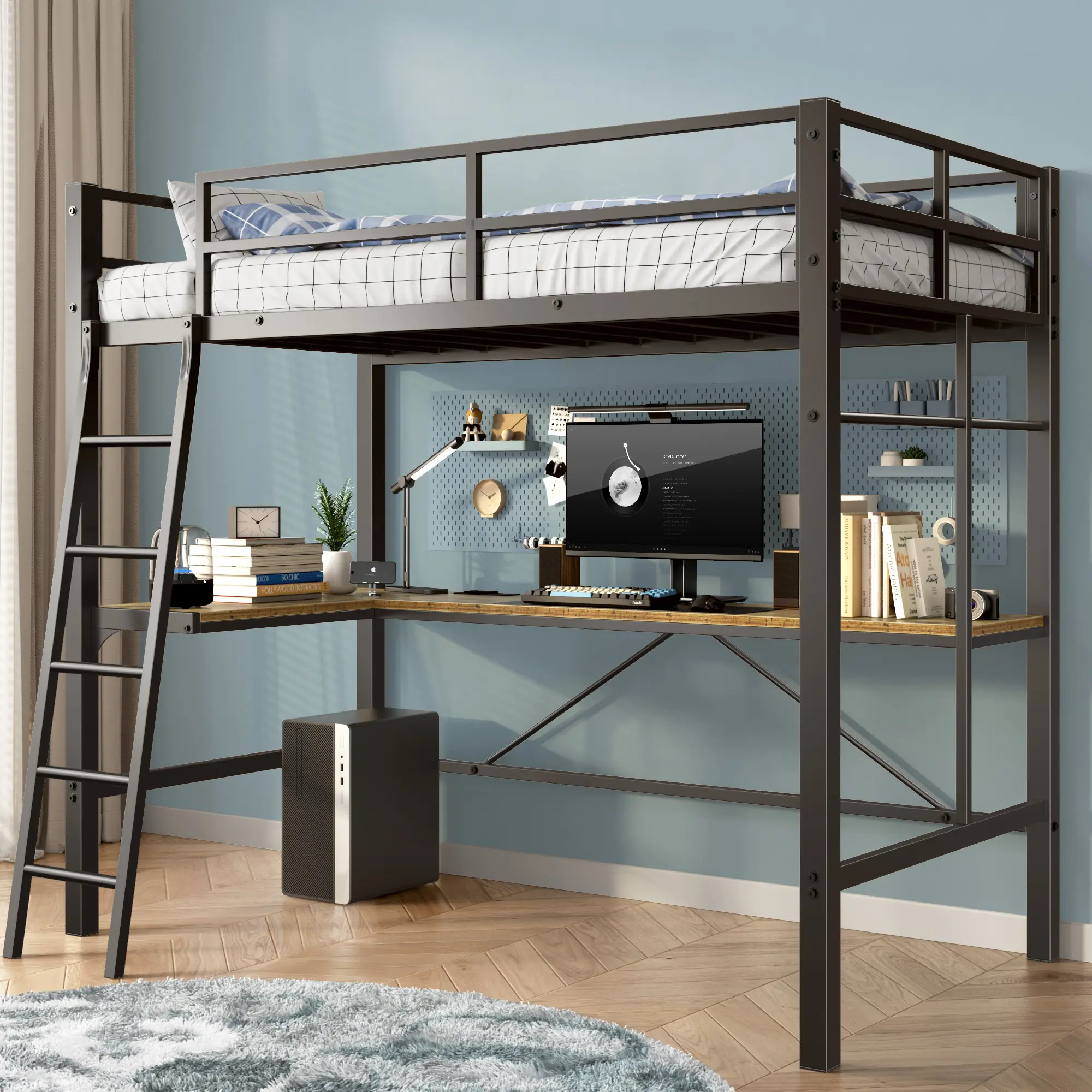Aerkenga Loft Bed Twin Size All in One Bunk Bed with L Shaped Desk Built-in L-Shaped Desk & Charging Station, Space Saving No Box Spring Needed