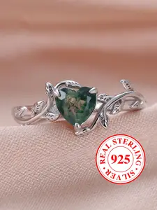 S925 Sterling Silver Heart Shaped Green Moss Agate Decor Ring, Elegant Everyday Ring, Fashion Jewelry Seagrass Agate Rings for Women, Daily Clothing Decor, Trendy All-match & Exquisite Jewelry for Birthday Gift