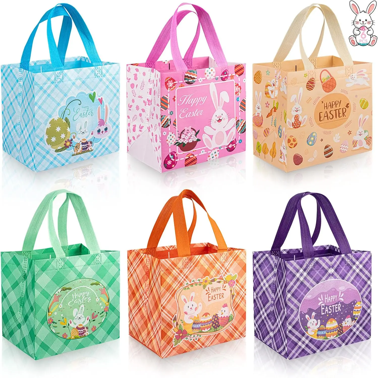 6 Pcs Easter Gift Bags - Happy Easter Bags with Handles, Reusable Non-woven Easters Treat Goodie Goody Candy Tote Wrapping Bag Rabbit Bunny Basket for Easte Egg Hunt Acticity Party Favors Supplies
