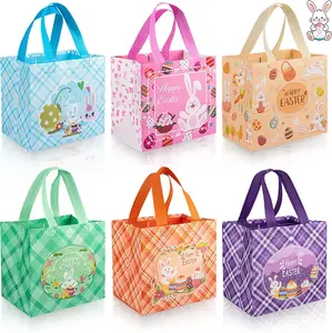 6 Pcs Easter Gift Bags - Happy Easter Bags with Handles, Reusable Non-woven Easters Treat Goodie Goody Candy Tote Wrapping Bag Rabbit Bunny Basket for Easte Egg Hunt Acticity Party Favors Supplies