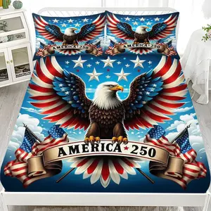 American 250th Anniversary Bed Sheet Set (1 Fitted + 2 Pillowcases), Modern Style, Suitable for Dorms, Hotels, All Seasons, No Fillers
