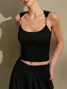 1 Piece U-neck Sleeveless Fitted Camisole Crop Top with Beaded Decorated Shoulder Straps