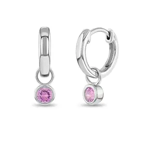 Bezel CZ Gem Dangle 9mm Kids / Children's / Girls Earrings Hoop/Huggie Safety Latch - Sterling Silver