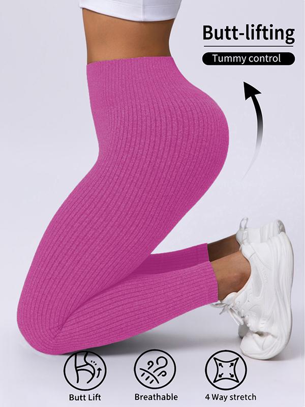 Fashion Candy Colors Women High-Waisted Butt-Lifting Tummy-Control Leggings, Soft Comfortable Breathable Elastic Ribbed Texture Sport Pants, Gym Workout Yoga Fitness Leggings, Suitable For Casual and Versatile Styles, Everyday Wear Must-Have For Wardrobe