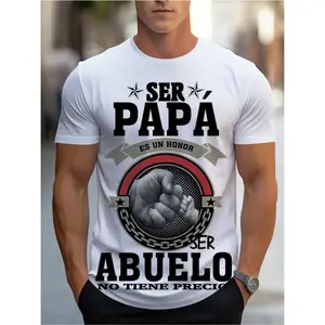 Men's Casual T-Shirt - "Being a Father is an Honor, Being a Grandfather is Priceless" Spanish Pattern Print, White Regular Fit Crew Neck, Geometric Design with Fist Holding, Machine Washable, Created for Proud Fathers and Grandfathers,