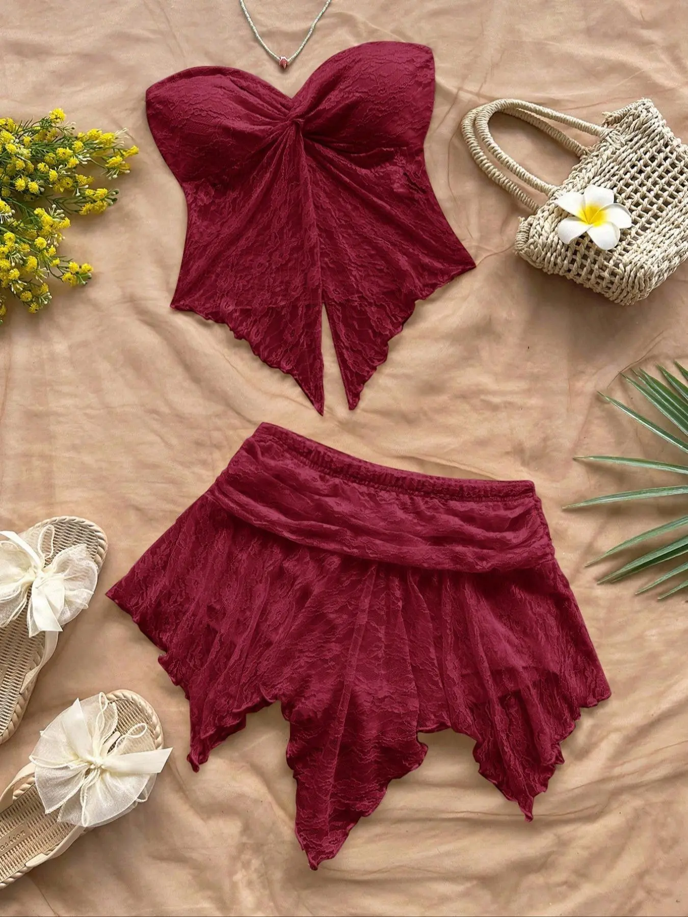 Elegant Lace Mesh Graphic Sleeveless Crop Top & Asymmetrical Irregular Hem Skirt Set, Sweet Chic Summer Fashion, Slimming Design, Two-Piece Clothes