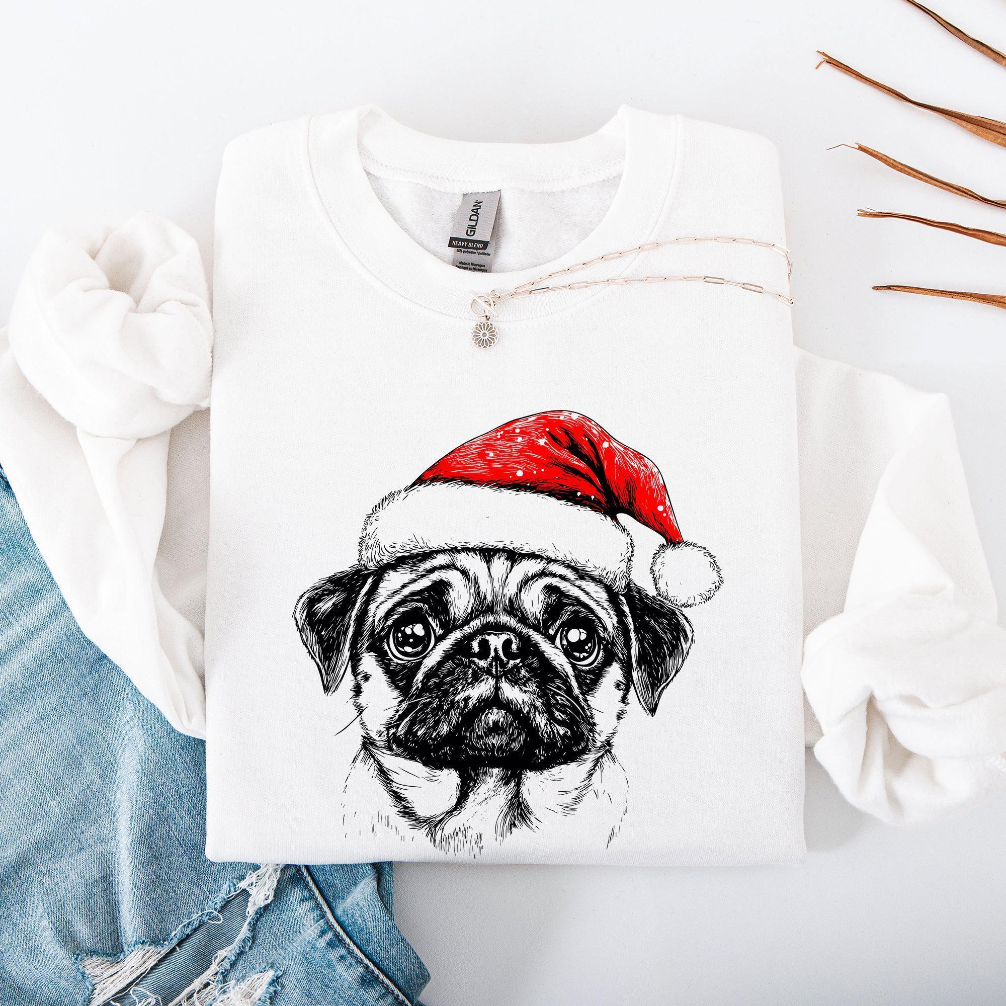 Pug Santa Sweatshirt, Funny Christmas Dog Lover Crewneck, Cozy Holiday Gift for Women, Gift for Christmas, Womenswear & Menswear