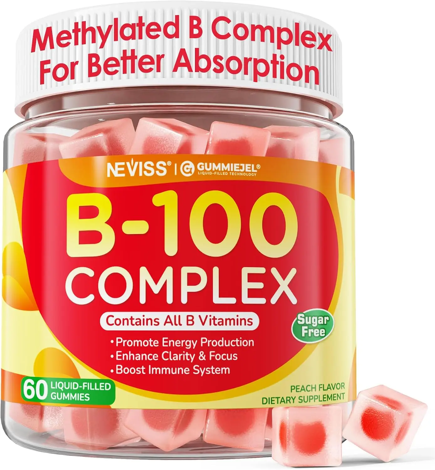 Super Vitamin B Complex Gummies - Full Methylated B Vitamins with Methyl B12, Methylfolate, Vitamin C, Choline & Inositol for Energy & Brain Support - 0g Sugar 60 Count
