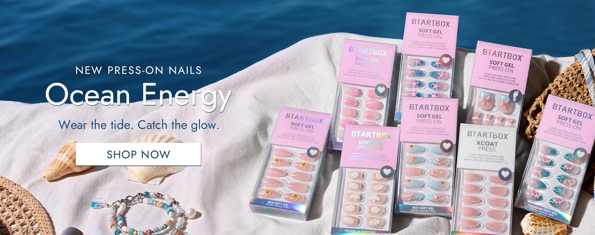 BTArtbox Press On Nails - Ocean Energy Short Press On Nails with Glue for Women, Square or Almond Opaque Soft Gel Glue On Nails in 16 Sizes - 32 Stick On Nails Kit
