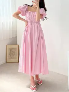 Summer Lightweight Solid Color Simple Straight Dress for Women, Round Neck Short Sleeve Fresh Style Maxi Dress, Casual Wear for Everyday