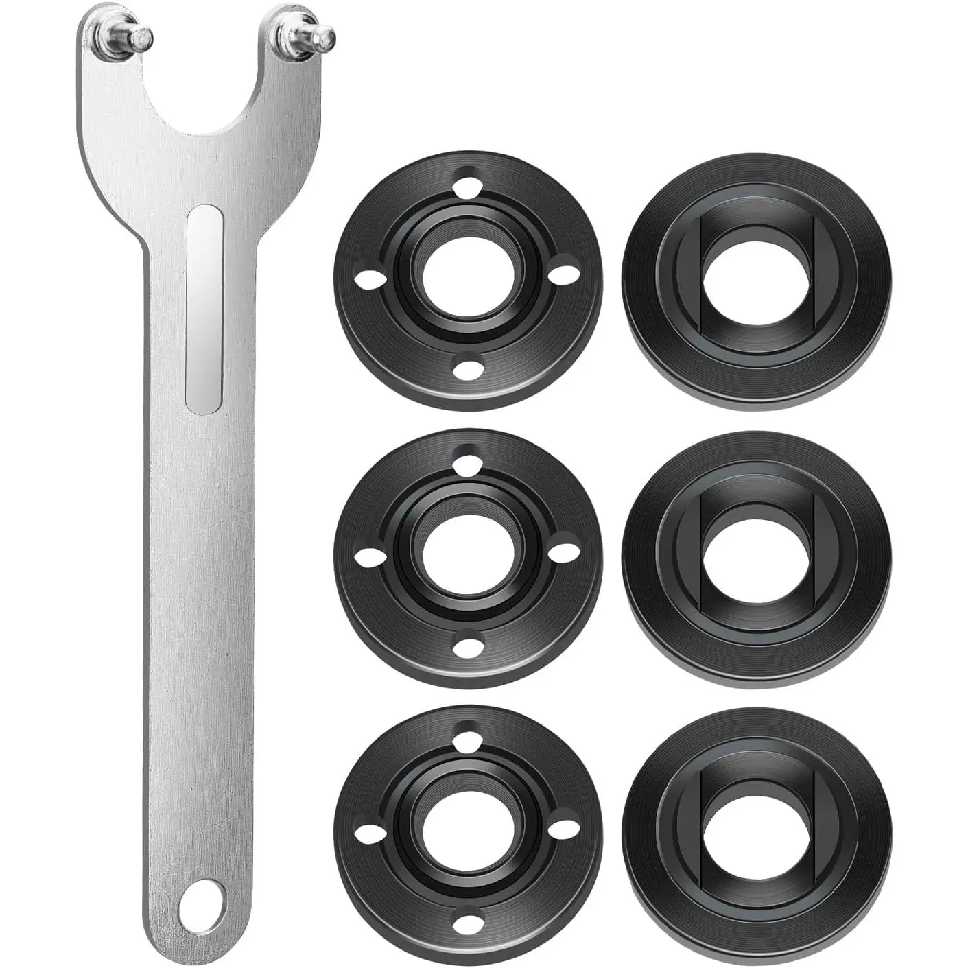 7PCS Carbon Steel Angle Grinder Nut & Wrench Complete Value Pack - 5/8"-11 Thread Flange Metal Lock Nut, Compatible with Dewalt, Milwaukee, Makita, Bosch, Ryobi, Black Decker, Fits 4.5"/5" Grinder Replacement Parts, Wrench+6 Nuts
