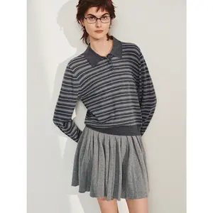 URBAN REVIVO 2026 Spring Women's Collared Knitting Polo Top - Wool-Poly Mix, Long Sleeve, Stretch Knit, Striped, Casual Fit Inspo Womenswear UWH950036
