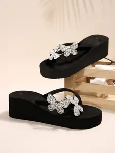 Women's Butterfly Rhinestone Glitter Decorated Sandals, Fashion Breathable Platform Classy Thick Sole Wedge Heel Open Toe Slippers, Summer Beach Shoes, Comfortable Outdoor Footwear, Fashionable Wedge Sandals