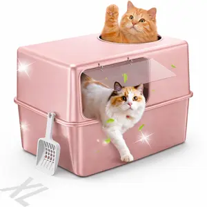 2026 Modern Pink Aesthetic Enclosed Full Stainless Steel Cat Litter Box with Stainless Lid XL Size for Big & Multiple Cats No Odor Non-Sticky Kitten Friendly