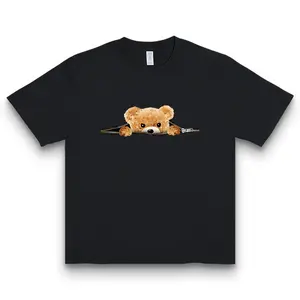 Zipper Peeking Cute Teddy Bear Women's Oversized Casual Tee | Ladies' Kawaii Style Loose Fit Top