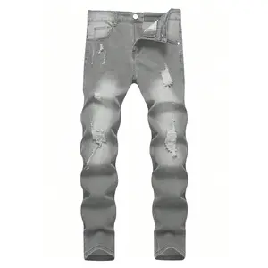 Men's Casual Distressed Skinny Jeans Stretch Menswear Grey Trouser Streetwear Ripped Comfortable Fashion Denim Pants For Men