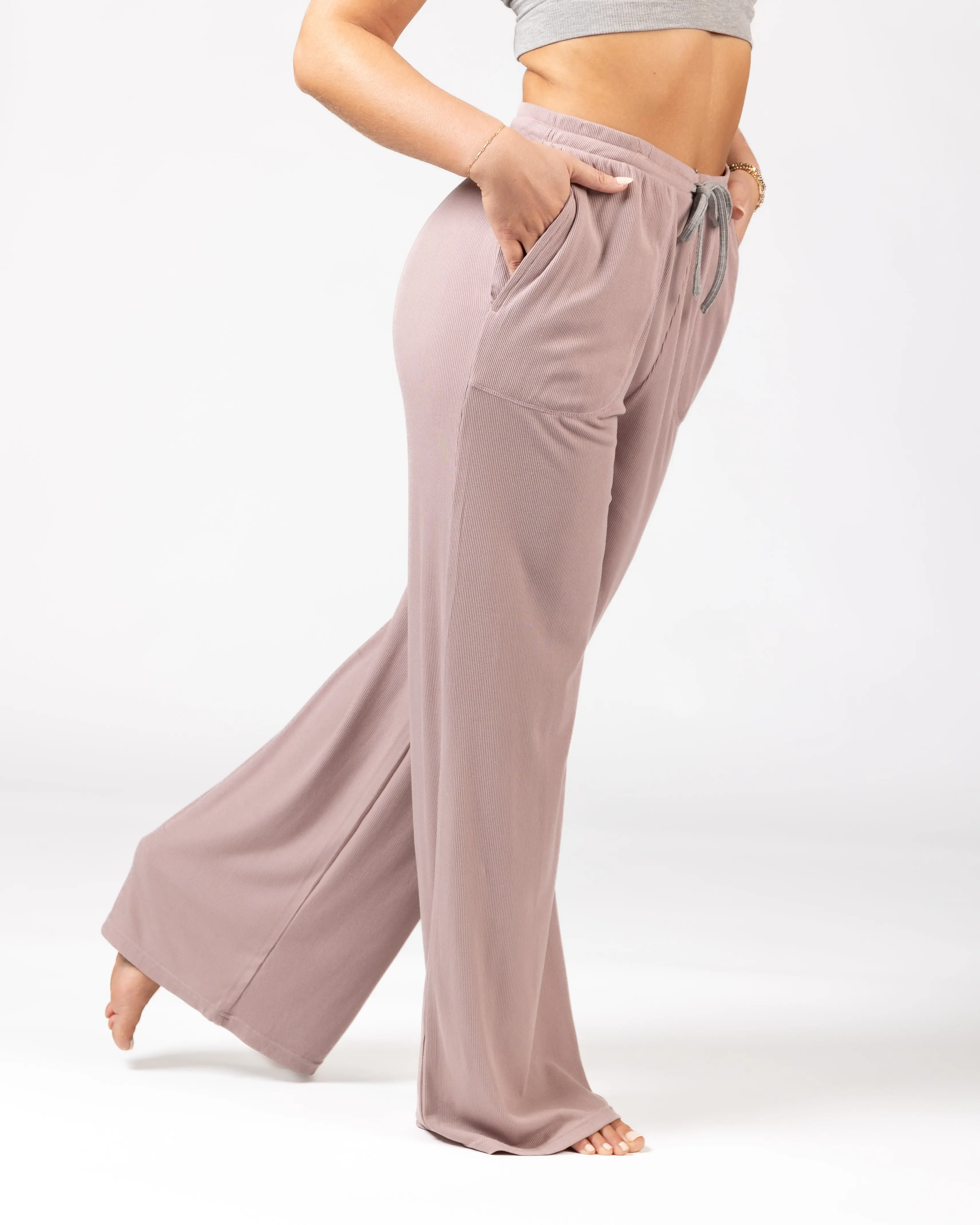 Women's Ribbed Lounge Bottoms, Soft Wide Leg Rayon Spandex Pants with an Adjustable Elastic Waistband and Pockets, Fit, Lightweight, Fabric, All Seasons