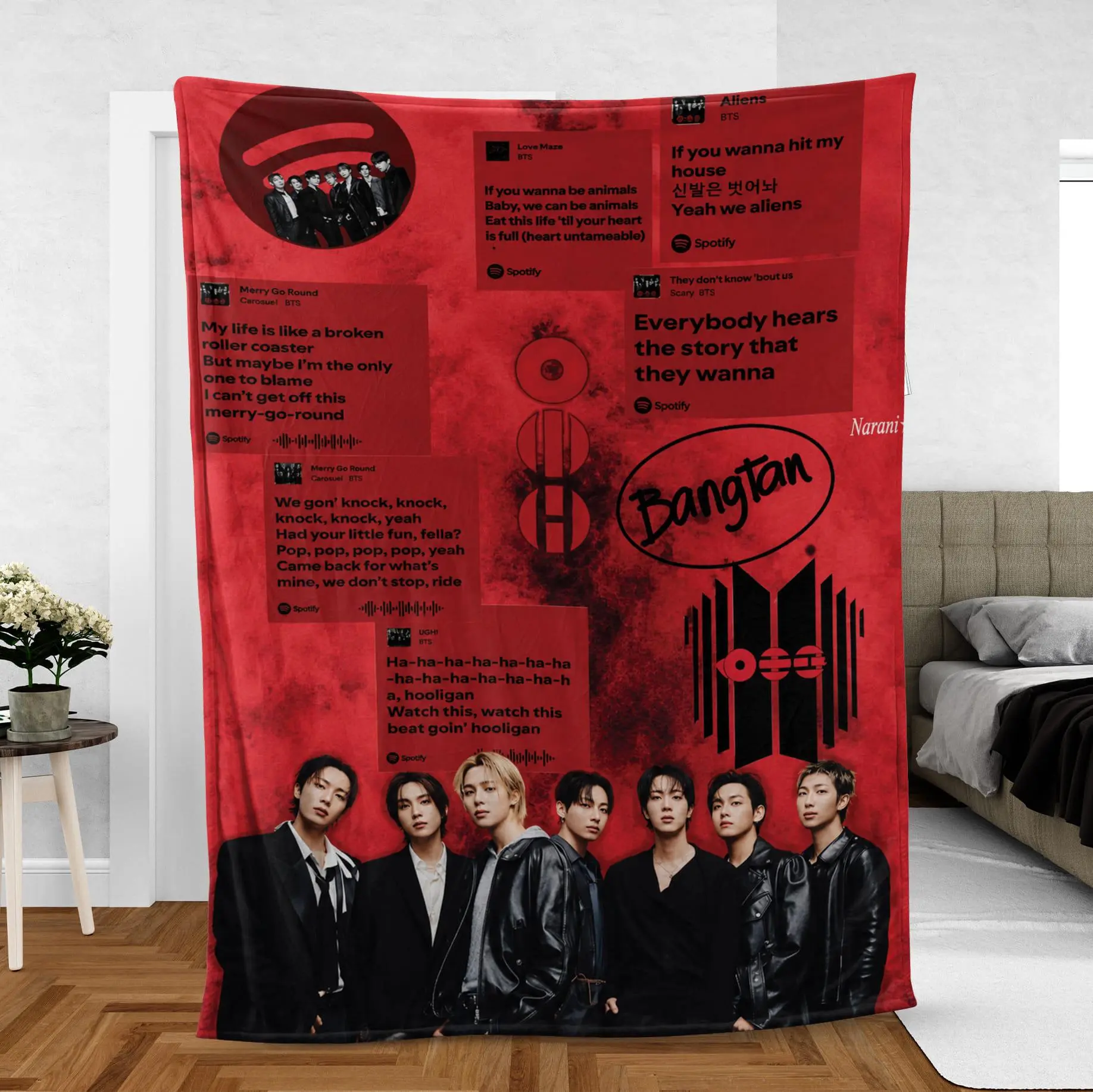 K-Pop Lyrics Spotify Inspired Throw Blanket, Bangtan Style Music Aesthetic Fleece Blanket, Korean Idol Group Fan Gift Soft Cozy Bed Sofa Decor, Music Quote Collage Room Blanket, Pop Music Room Decor Gift