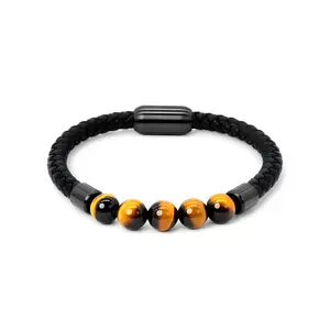 VOGCOME Tiger Eye Bead Bracelet for Men Women, Handcrafted Leather Money Bracelet, Protection Encouragement Gift for Birthday Anniversary, Valentine's Day Matching Bracelets