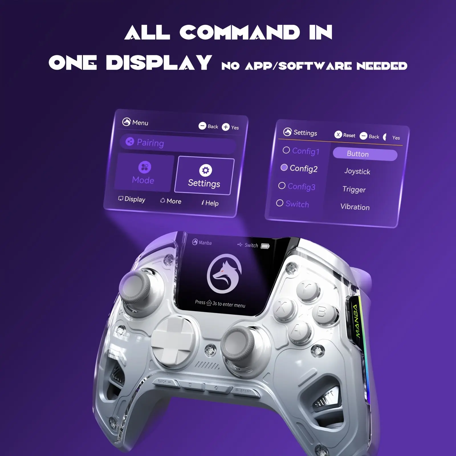 Interactive Screen Wireless Gaming Controller for PC/Switch/iOS/Android/Steam Deck, Hall Effect Stick & Trigger, RGB Lighting, Remappable Buttons, 1800mAh with Charging Dock -V2/White(No Drift). [Notice]Not Compatible with Xbox And PS5